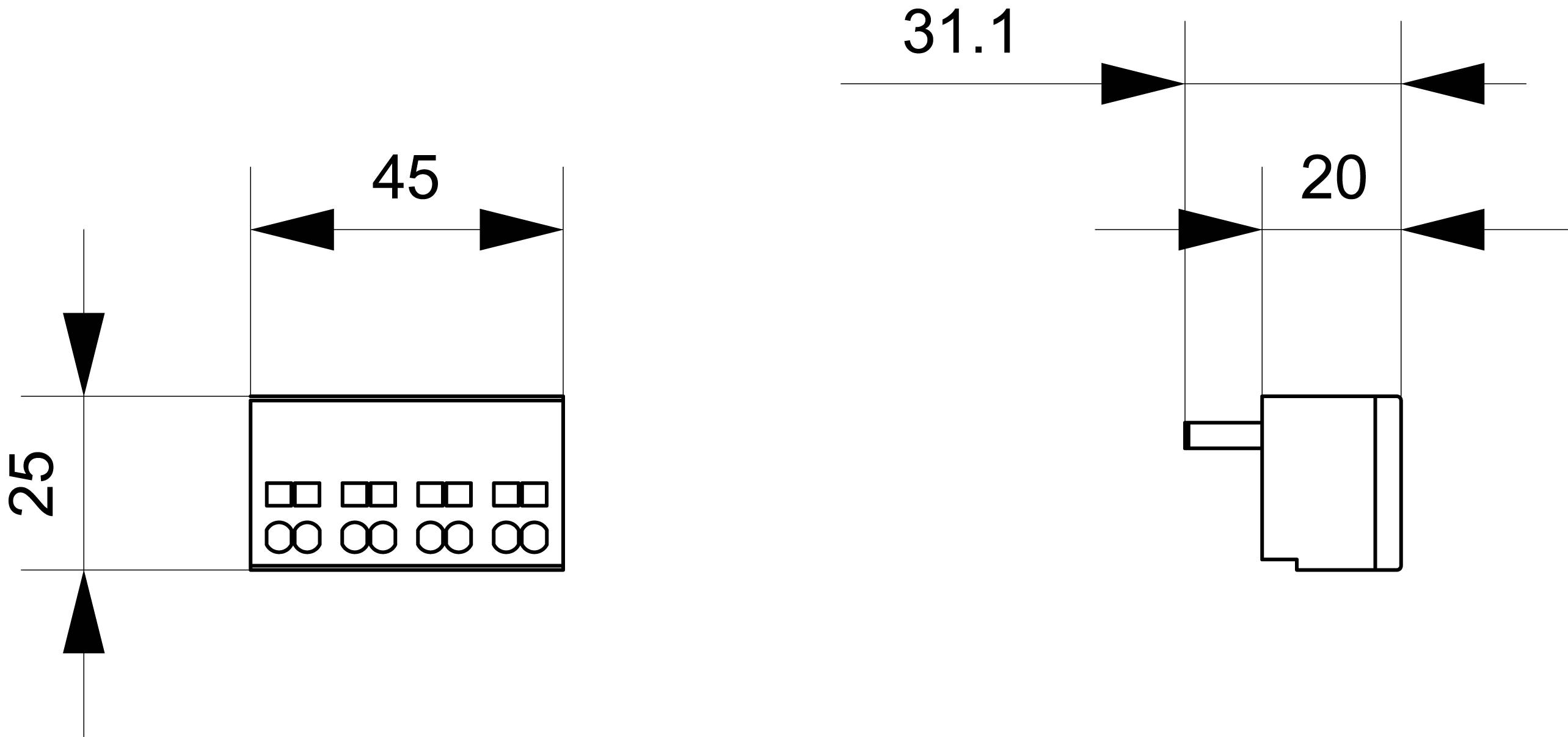 Rysunek techniczny elementu mechanicznego z wymiarami: szerokość 45, wysokość 25, głębokość 31,1 oraz długość 20 milimetrów.