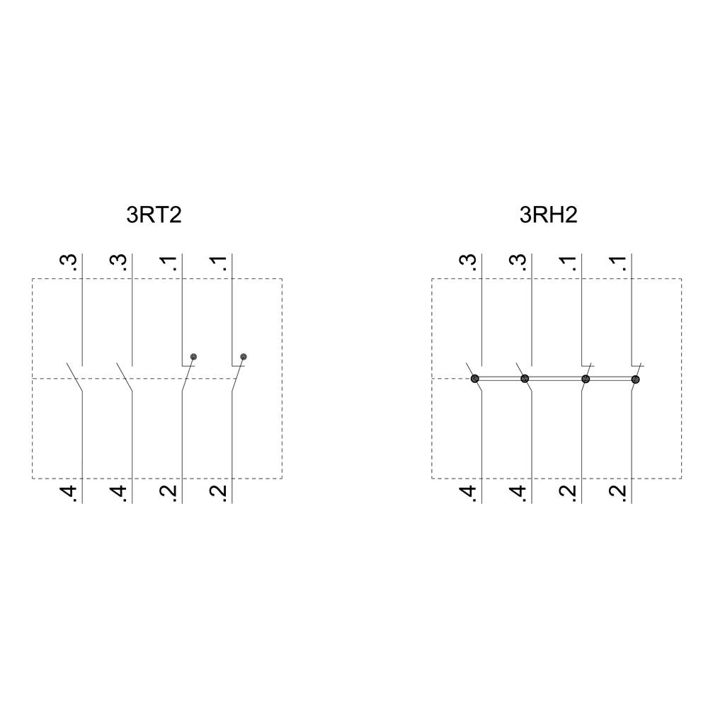 Diagram przedstawia dwa schematy elektryczne: Po lewej stronie 3RT2 z przełącznikami 3, 1, 2, 4; Po prawej stronie 3RH2 z poziomymi połączeniami między przełącznikami 4, 3, 1, 2.