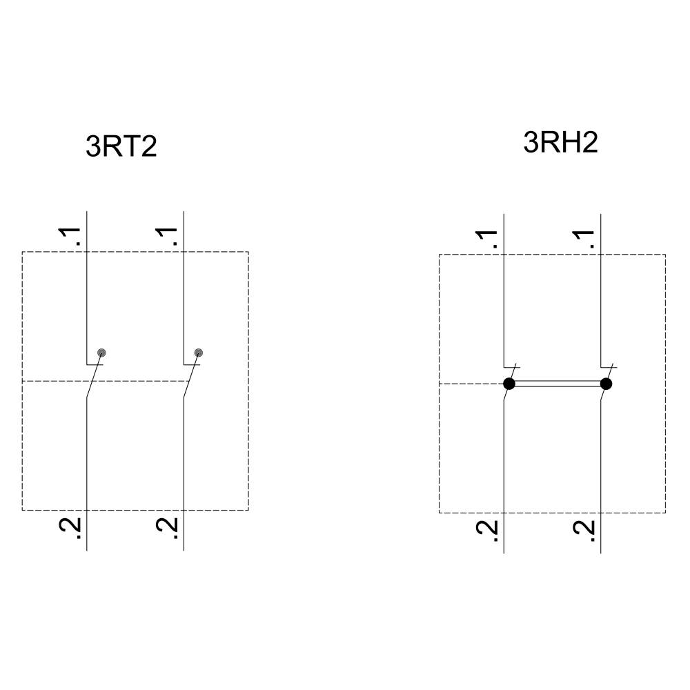 Szkic schematu elektrycznego: Po lewej starter silnikowy '3RT2', po prawej stycznik pomocniczy '3RH2', każdy z dwoma stykami, numerowanymi od 1 do 2.