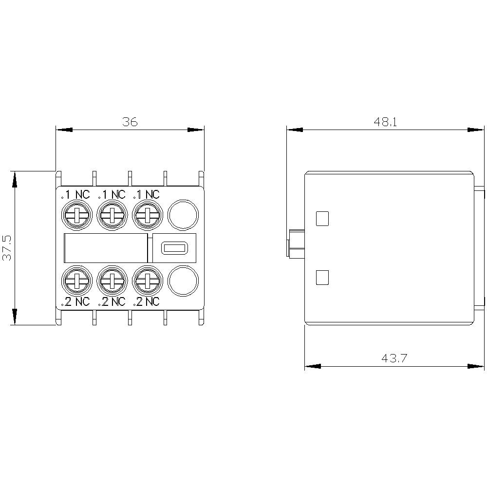 Rysunek techniczny elektrycznego przekaźnika z wymiarami: szerokość 36 mm, wysokość 37,5 mm, głębokość 48,1 mm. Przedstawia złącza i punkty mocowania.