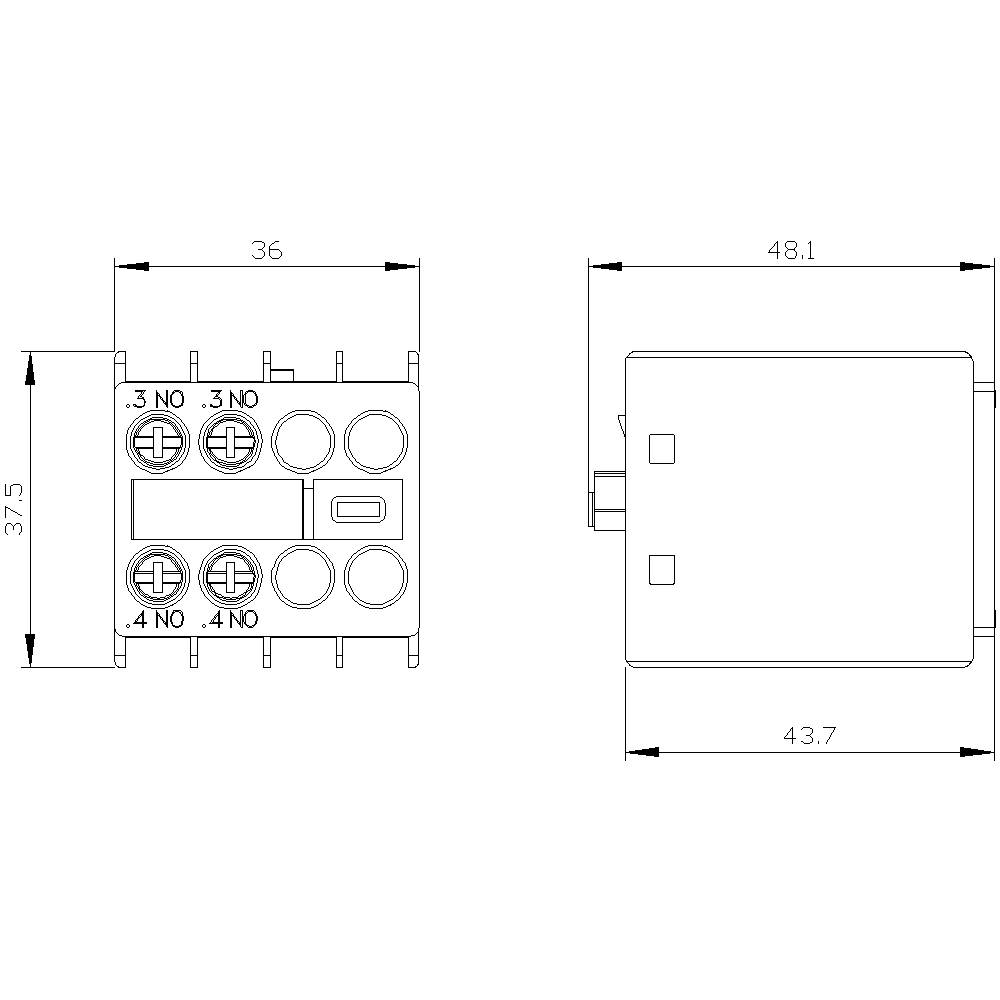 Rysunek techniczny przekaźnika z wymiarami: 36x37,5 mm oraz 48,1x43,7 mm. Przedstawia zaciski i ich oznaczenia.
