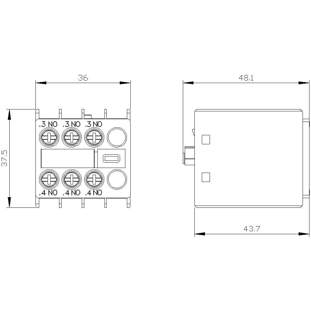 Rysunek techniczny elementu elektronicznego z wymiarami: 36 x 37,5 mm u góry, 48,1 x 43,7 mm z boku. Złącza oznaczone jako '.3 NO' oraz '.4 NO'.