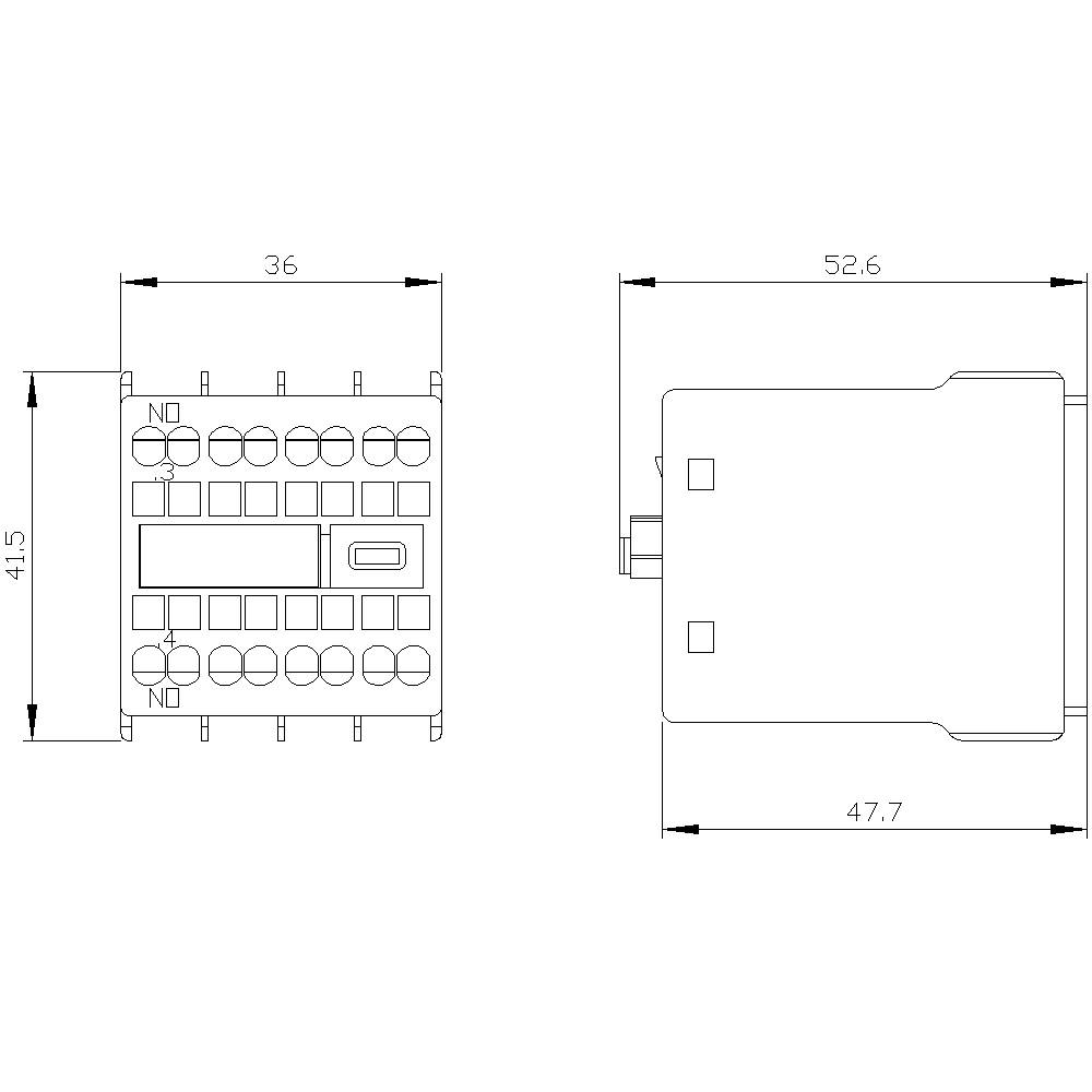 'Rysunek techniczny prostokątnego elementu elektronicznego o wymiarach: 36 x 41,5 mm oraz 52,6 x 47,7 mm.'