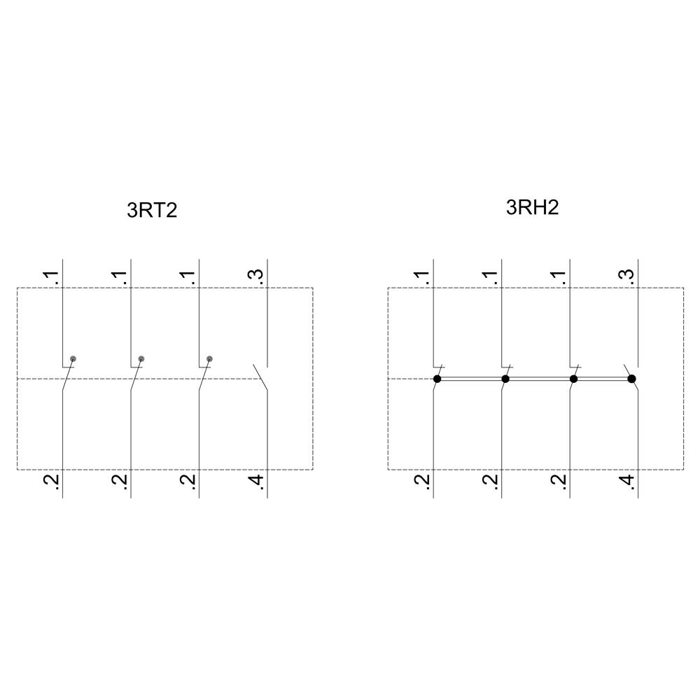 Schemat elektryczny: Po lewej stronie '3RT2' z czterema pionowymi połączeniami. Po prawej stronie '3RH2' z trzema ciągłymi połączeniami. Oba przedstawiają różne styki przełączające.