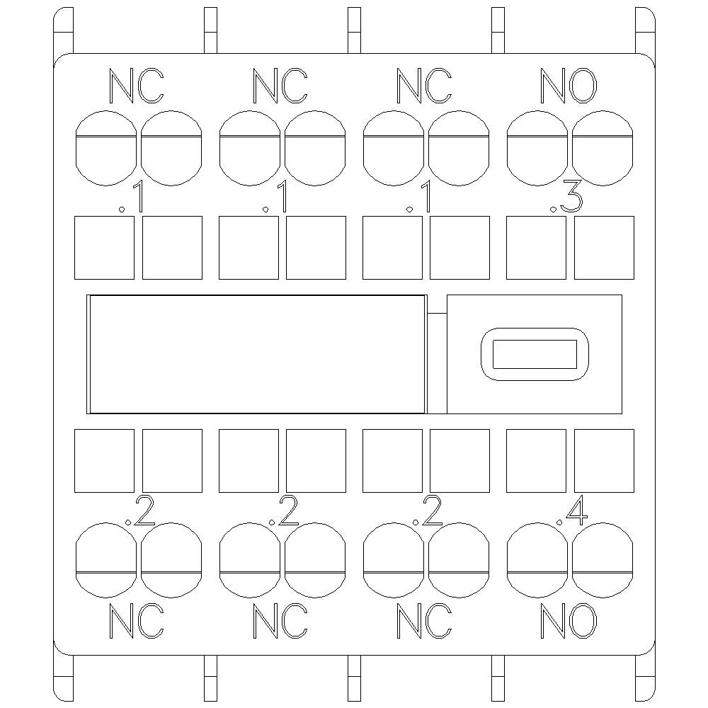 Osłona przekaźnika z oznaczeniami styków: NC (normalnie zamknięty), NO (normalnie otwarty) oraz numerowanymi pozycjami od 1 do 4.