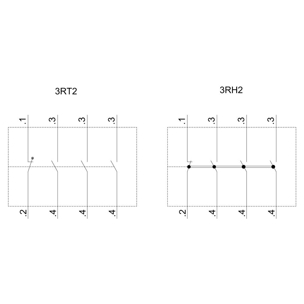 Schemat elektryczny dwóch komponentów: po lewej stronie '3RT2' z stykami 1-2, 3-4; po prawej stronie '3RH2' z stykami 1-2, 3-4, 5-6.