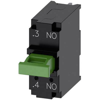 Czarny elektryczny przełącznik z dwoma białymi oznaczeniami '.3 NO' oraz '.4 NO'. Zielona dźwignia pośrodku przełącznika.