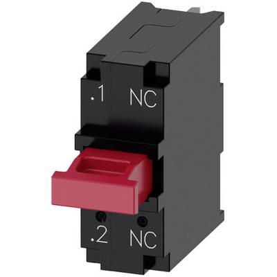 Moduł do instalacji elektrycznych z czerwonym wyłącznikiem kołyskowym, oznaczony '.1 NC' i '.2 NC' dla styku normalnie zamkniętego.