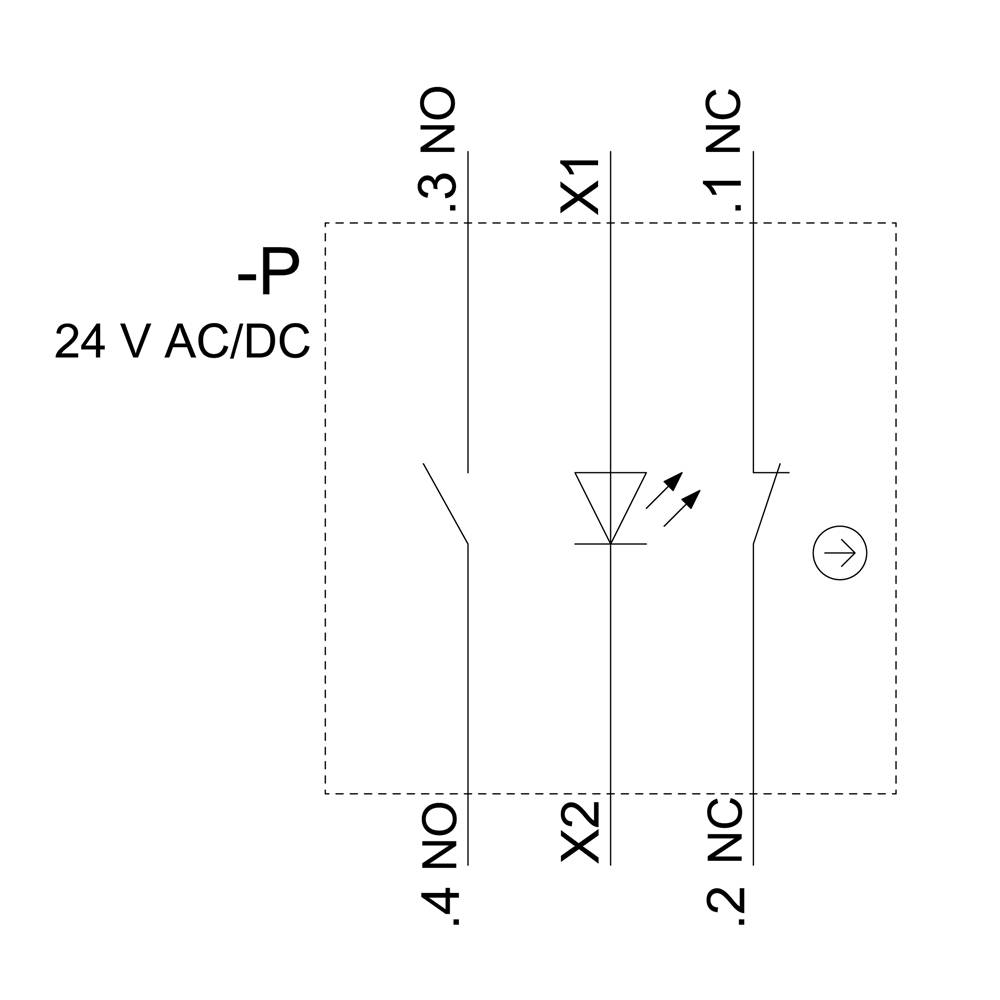 'Symbol przełącznika dla przekaźnika z diodą LED. Napięcie: 24 V AC/DC. Styki: 3 NO, 4 NO, 1 NC, 2 NC.'