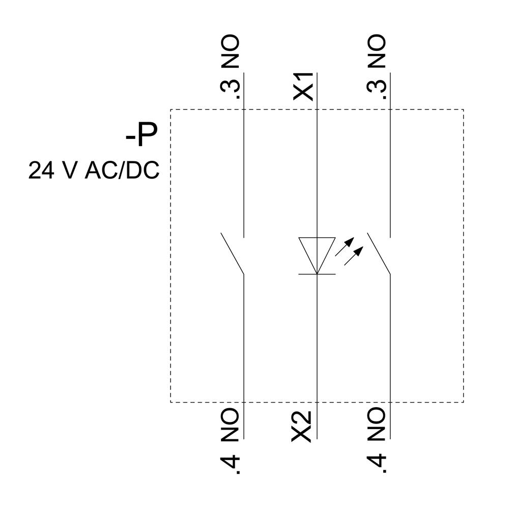 Schemat elektryczny przedstawia przekaźnik z cewką zasilaną napięciem 24 V AC/DC oraz kilkoma stykami przełączającymi (X1, X2), wszystkie oznaczone jako 'NO' (normalnie rozwarte).
