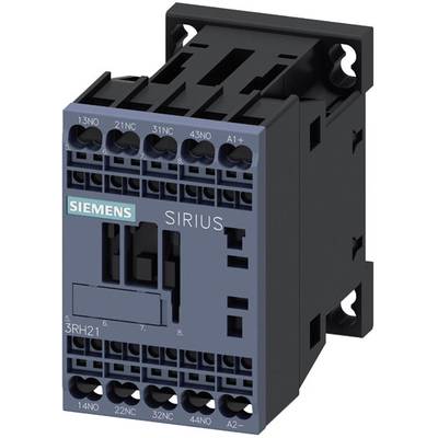 Elektryczny stycznik Siemens SIRIUS, model 3RH21, z przyłączami do różnych obwodów elektrycznych, przeznaczony do sterowania obciążeniami elektrycznymi.