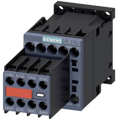 Czarny stycznik Siemens Sirius z wieloma zaciskami i czerwonymi oznaczeniami, przeznaczony do sterowania obwodami elektrycznymi.