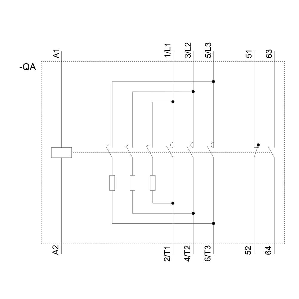 Schemat elektryczny systemu z sześcioma przełącznikami (1L1, 3L2, 5L3) oraz połączeniami do komponentów A1, A2, 51, 52, 63, 64.