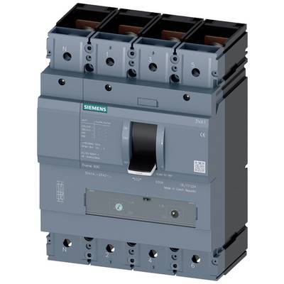Wyłącznik mocy Siemens 3VA1 z trzema zaciskami fazowymi i elementem obsługowym, w kolorze szarym, z numerem modelu i specyfikacjami technicznymi.