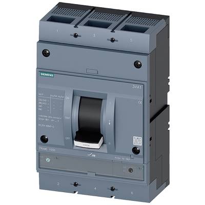 Niebieski elektryczny wyłącznik mocy firmy Siemens, model 3VA1, z dźwignią łączeniową pośrodku i różnymi specyfikacjami elektrycznymi.
