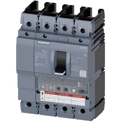 Szary wyłącznik mocy Siemens 3VA6 z wieloma zaciskami i przełącznikiem pośrodku, z ostrzeżeniami bezpieczeństwa wyświetlanymi poniżej.