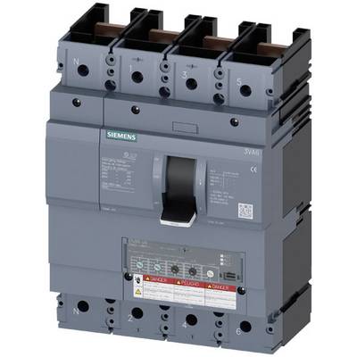 'Wyłącznik mocy Siemens 3VA6 z czterema biegunami i wskaźnikiem prądu znamionowego. Obudowa w ciemnoszarym kolorze, przeznaczony do zastosowań przemysłowych.'