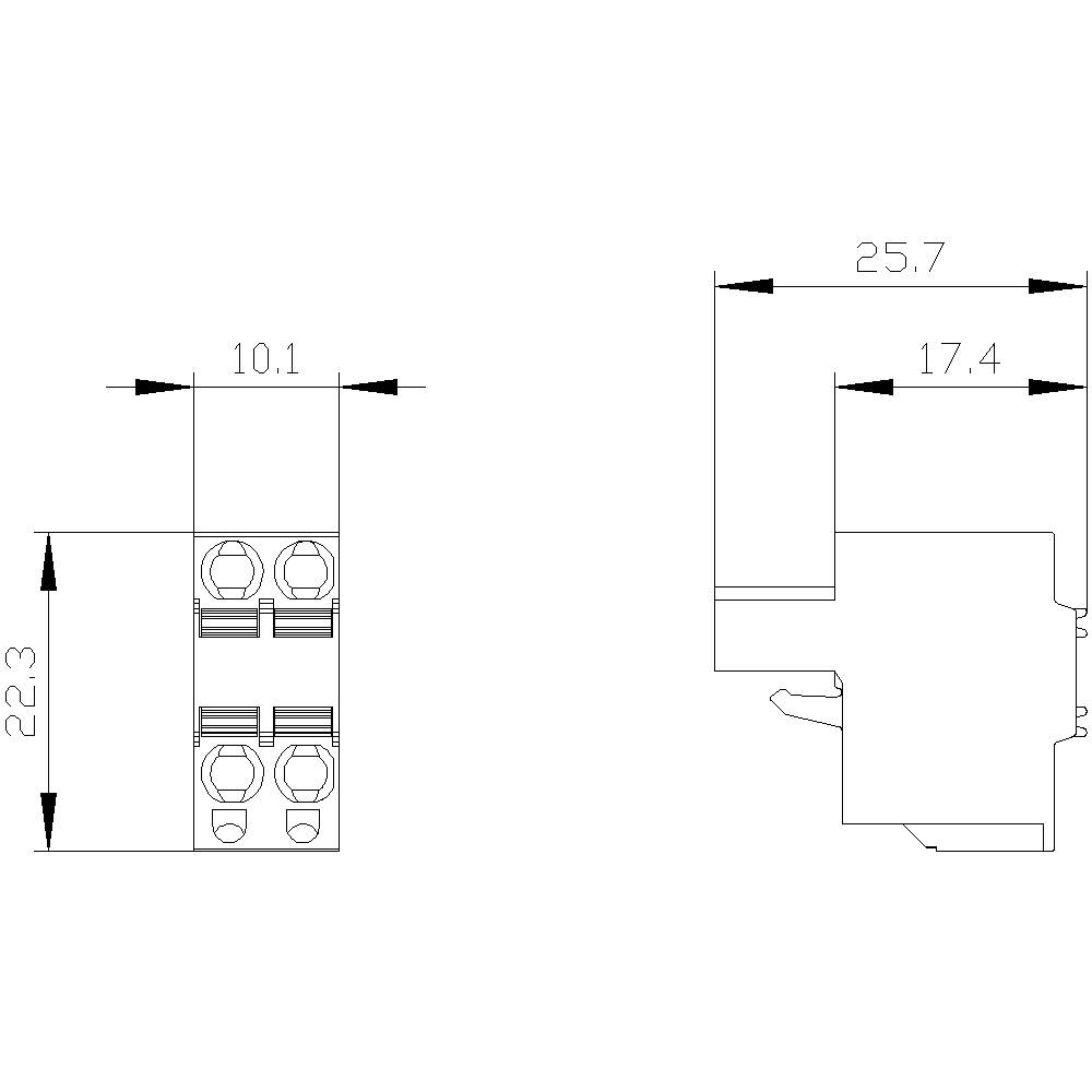 Rysunek techniczny elektrycznego złącza z wymiarami: szerokość 10,1 mm, wysokość 22,3 mm, głębokość 25,7 mm, głębokość boczna 17,4 mm.