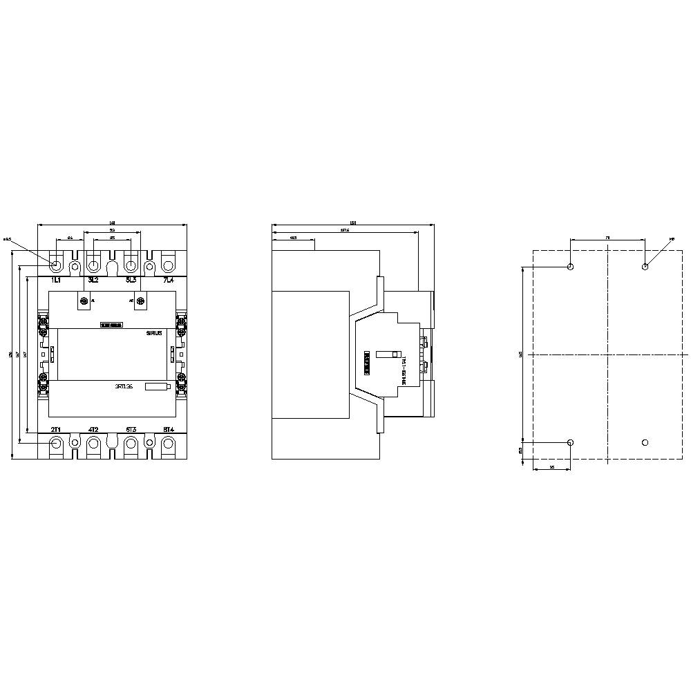Rysunek techniczny przedstawia widok z przodu, z boku oraz z góry prostokątnego elementu, z dokładnymi wymiarami i specyfikacjami technicznymi.