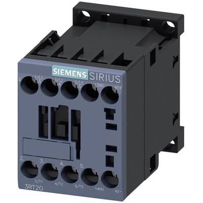 Przekaźnik Siemens Sirius, model 3RT20, służący do sterowania obwodami elektrycznymi, z wieloma zaciskami przyłączeniowymi u góry i u dołu.