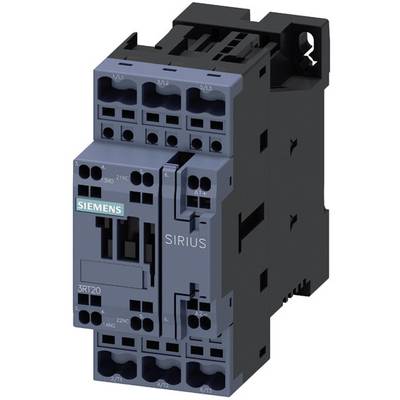 Przekaźnik marki Siemens, model Sirius, przedstawiony od przodu. Elektroniczny komponent do sterowania maszynami lub urządzeniami.