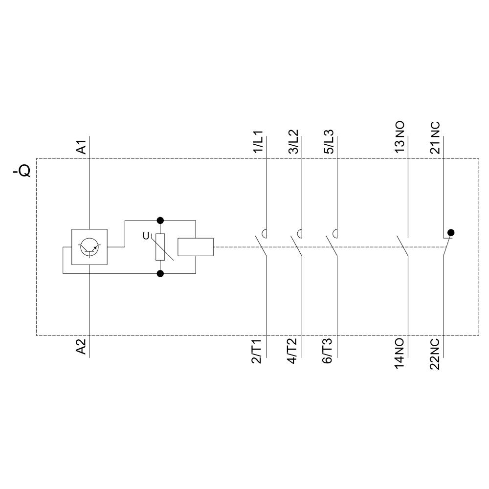 Schemat elektryczny silnika elektrycznego z zaciskami: A1, A2, 1/L1, 3/L2, 5/L3 oraz stykami przełączającymi 13NO, 14NO, 21NC, 22NC.
