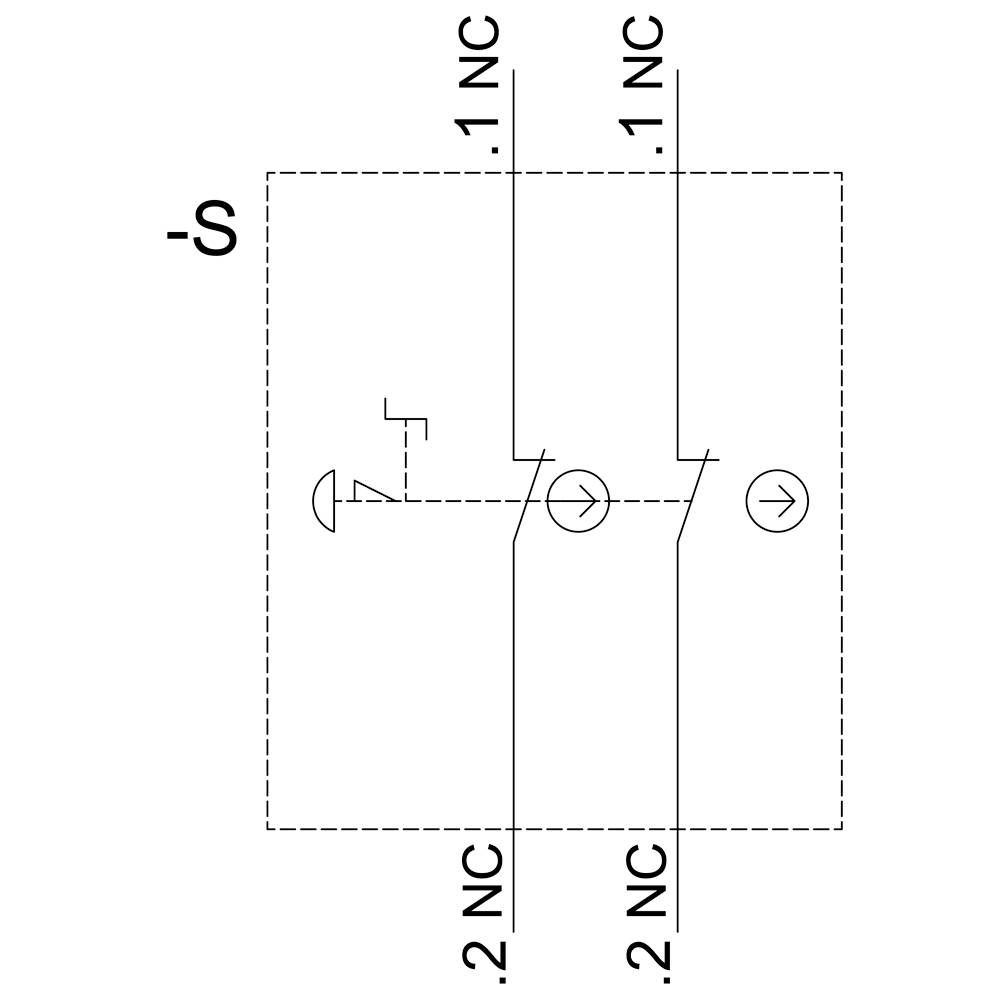 Symbol przełącznika przedstawia zestyk bezpieczeństwa bez napięcia. Dwa rozwarte styki '1 NC' i '2 NC' są połączone szeregowo.