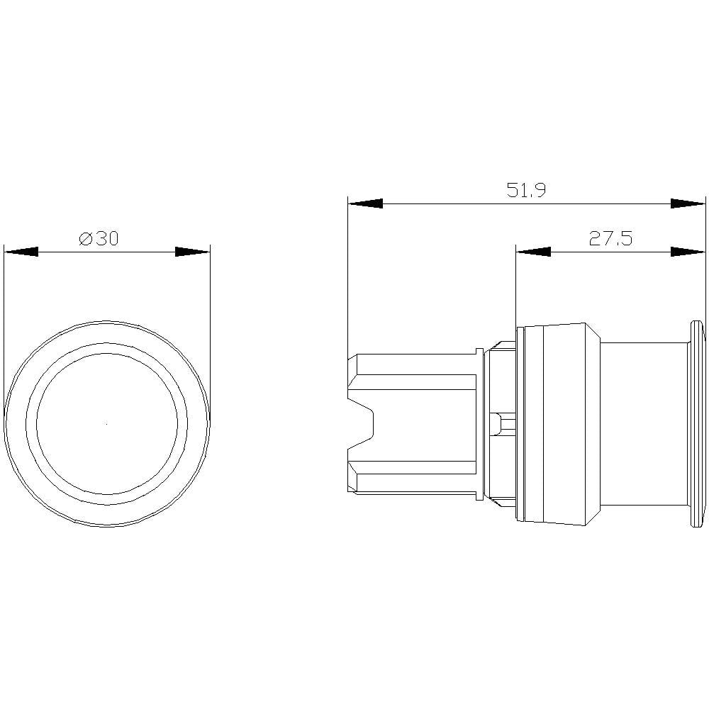 Rysunek techniczny elementu cylindrycznego o średnicy 30 mm i głębokości 51,9 mm; przedstawiający widok z przodu i z boku.