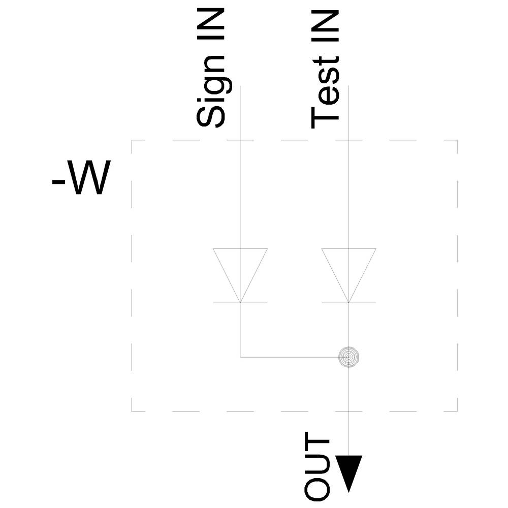 Symbol przełącznika z dwoma diodami: 'Sign IN', 'Test IN' prowadzą do wewnątrz, 'OUT' prowadzi na zewnątrz, oznaczony czarną strzałką trójkątną.