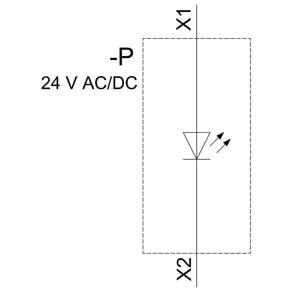 Symbol graficzny zamkniętego obwodu elektrycznego z modułem diodowym oraz oznaczeniem 24 V AC/DC. Wejścia X1 i X2 są połączone.