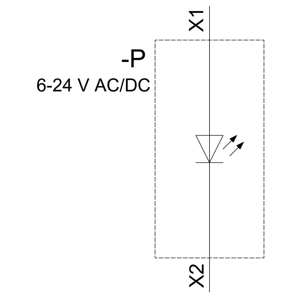 Schemat podłączenia diody LED ze złączami X1 i X2. Napięcie zasilania 6-24 V AC/DC.