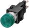 Zielony, okrągły przycisk pneumatyczny z obudową z tworzywa sztucznego i dwoma przyłączami elektrycznymi. Stosowany do sterowania maszynami.