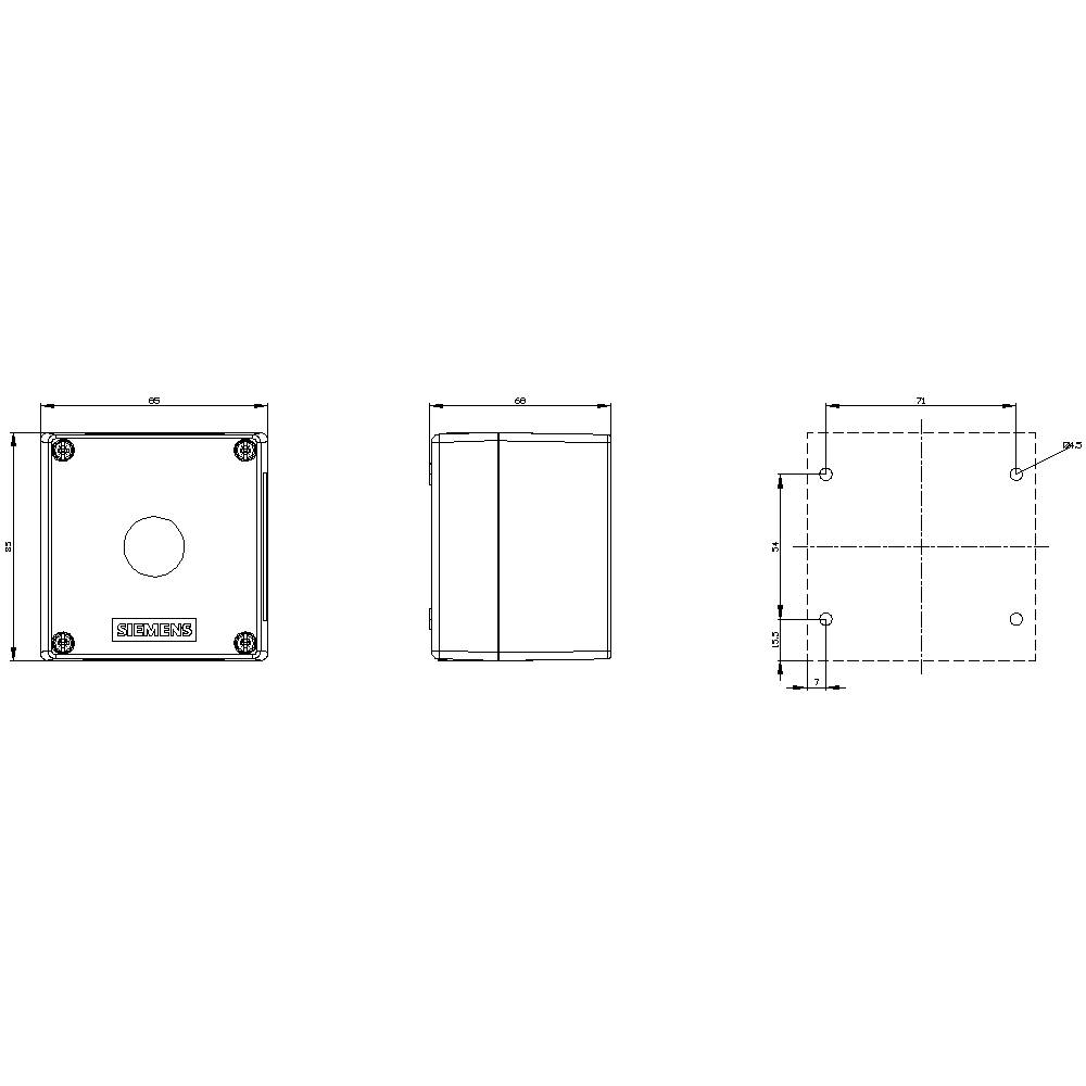 Rysunek techniczny prostokątnej obudowy z wymiarami w widokach: przód, bok i widok z góry.