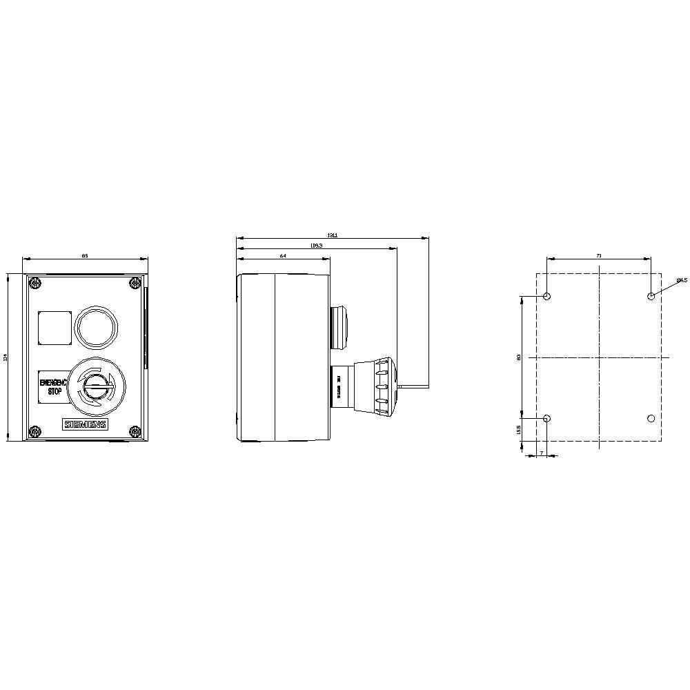 Rysunek techniczny obudowy kwadratowej z wymiarami, widok z boku i z góry, wraz z pozycjami otworów montażowych.