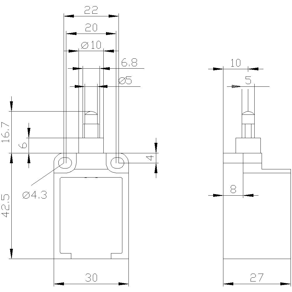 Rysunek techniczny cylindra z wymiarami: wysokość 42,5 mm, szerokość 30 mm, średnica tłoczyska 10 mm, średnica otworu Ø5 mm.