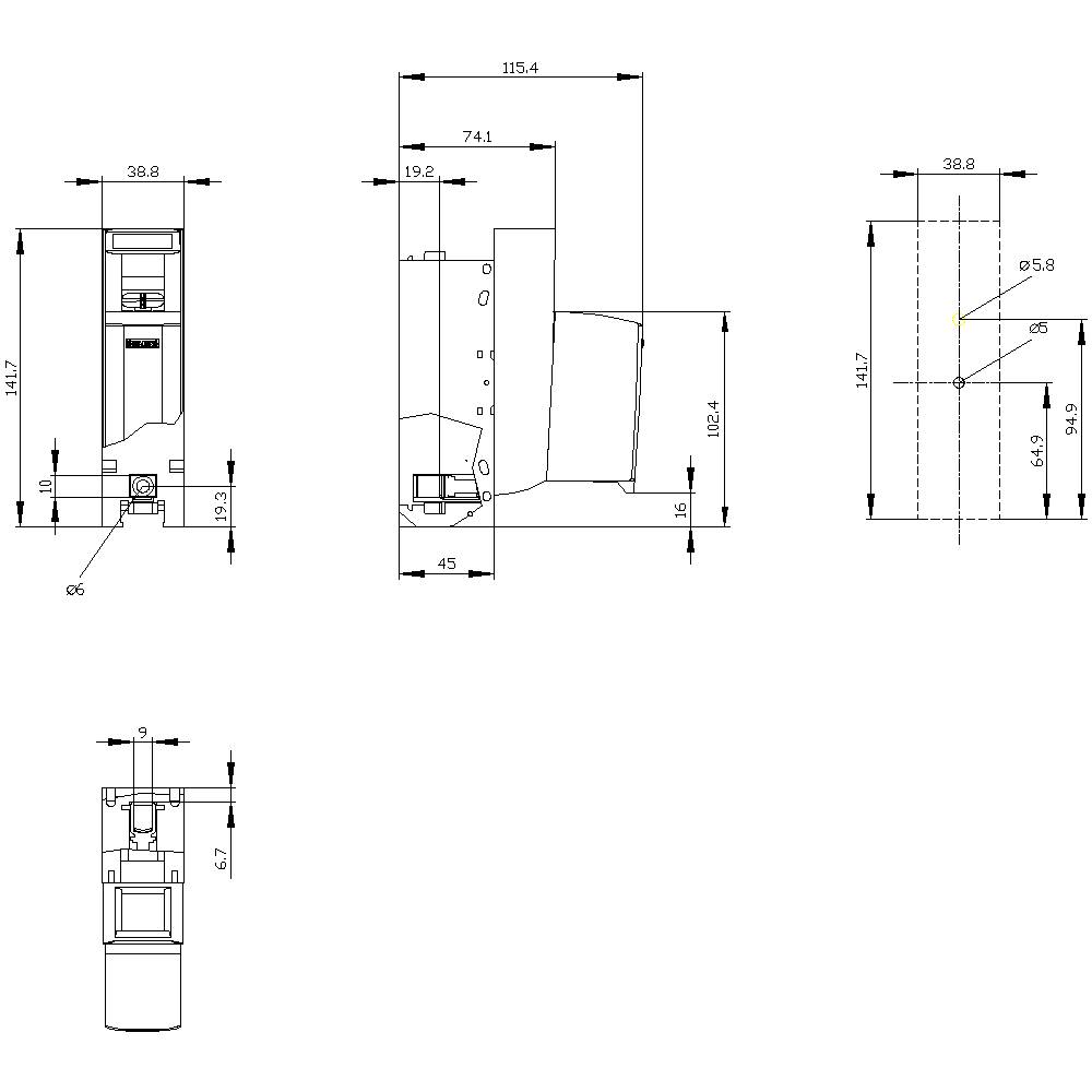 Rysunek techniczny urządzenia z wieloma widokami i wymiarami w milimetrach. Widok główny przedstawia przednią stronę, wysokość wynosi 141,7 mm.