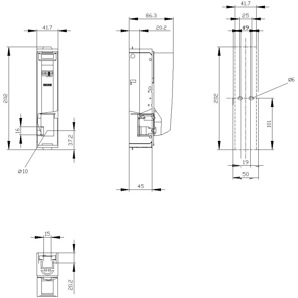 Rysunek techniczny automatu. Widok z przodu, z boku i z tyłu z wymiarami w milimetrach.