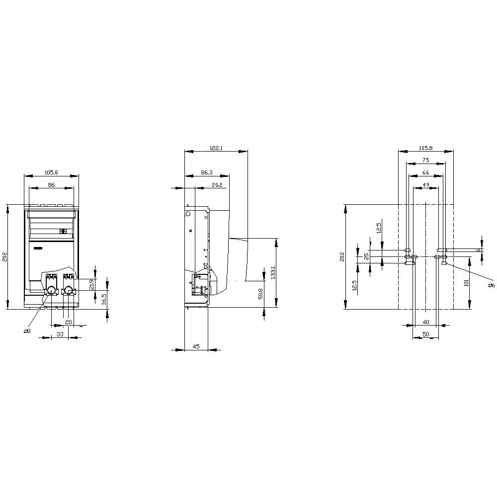 Rysunek techniczny urządzenia z trzema widokami: widok z przodu, z boku i z tyłu. Wymiary podane w milimetrach.