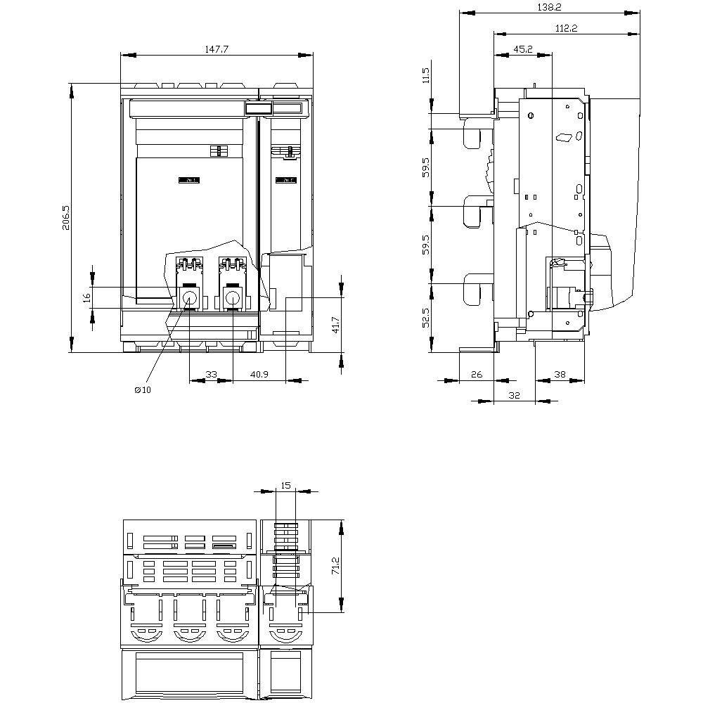 Rysunek techniczny elektrycznej tablicy rozdzielczej z widokiem z przodu, boku i góry. Wymiary podane w milimetrach. Przedstawiono szczegóły konstrukcyjne i komponenty.