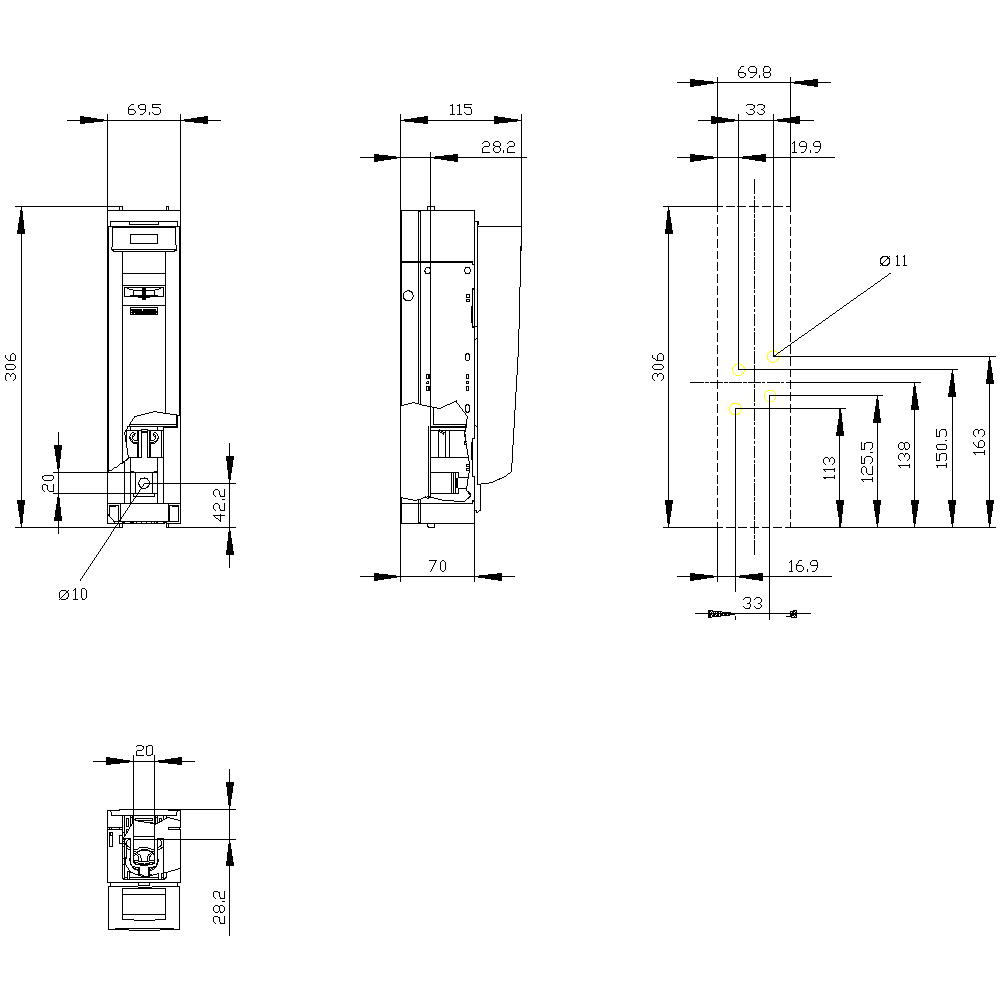 Rysunek techniczny prostokątnego urządzenia ze szczegółowymi wymiarami w milimetrach, w tym wysokością, szerokością i głębokością.