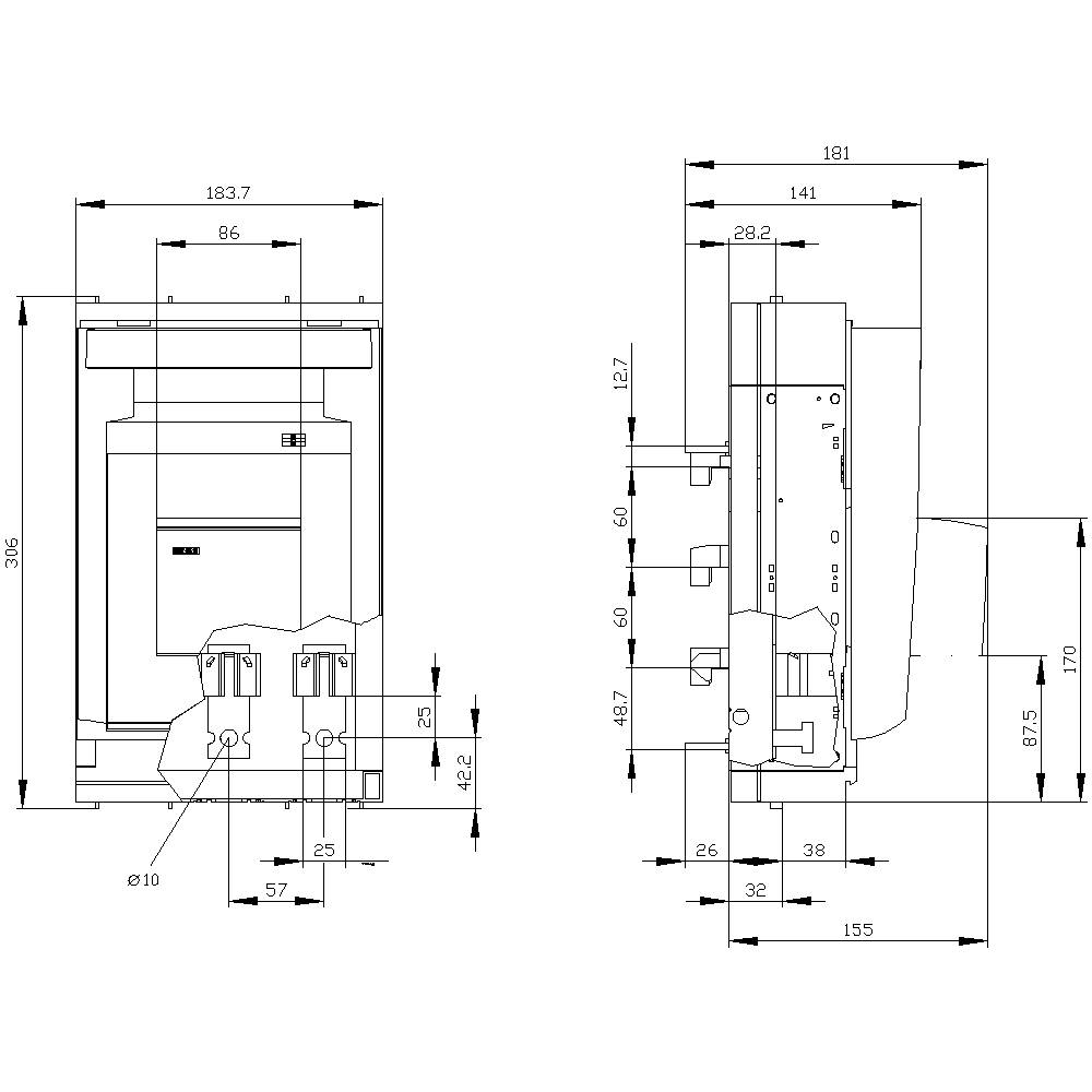 Rysunek techniczny elementu elektrycznego ze szczegółowymi wymiarami w milimetrach, widok z boku i z przodu.