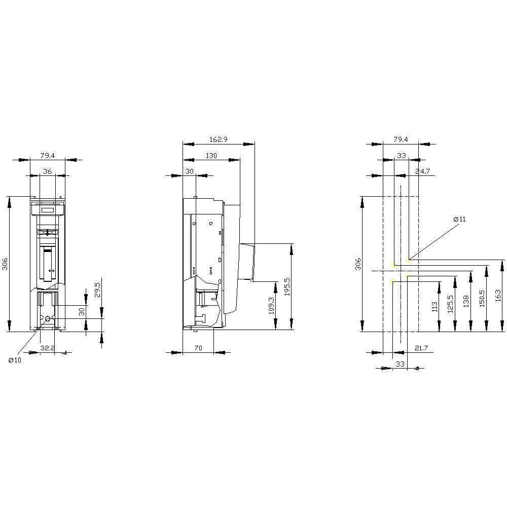 Rysunek techniczny urządzenia w trzech rzutach: czołowym, bocznym i górnym. Wymiary podane są w milimetrach.