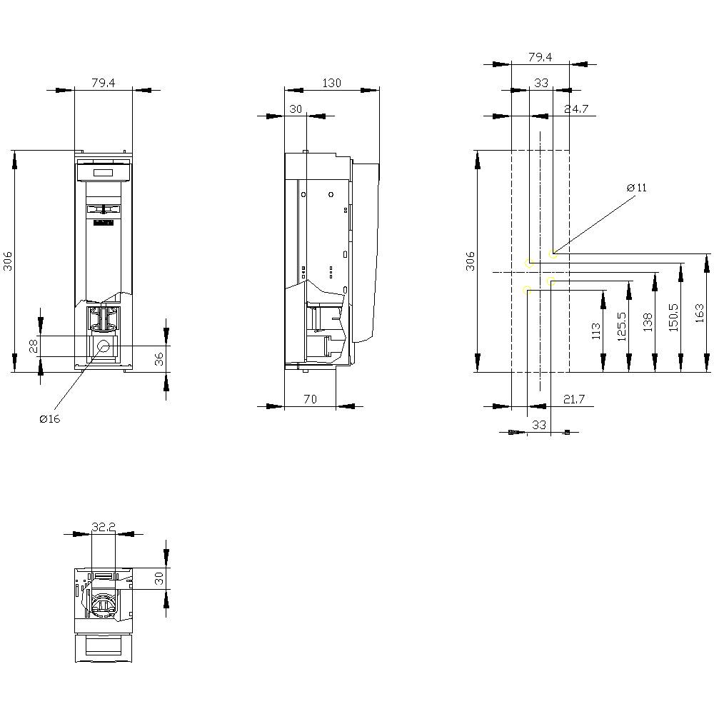 Rysunek techniczny maszyny z trzema rzutami. Wymiary i odległości w milimetrach. Główne cechy i złącza oznaczone.