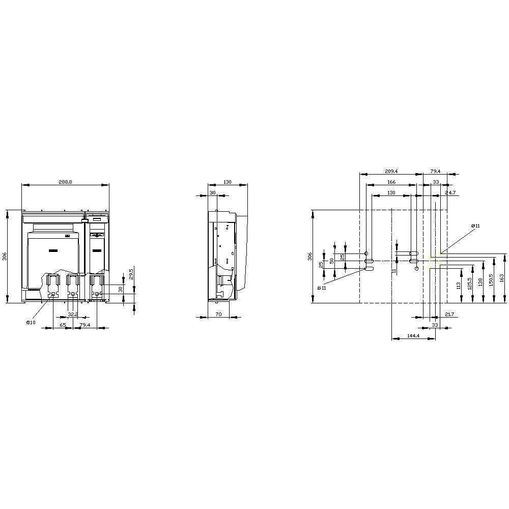 Rysunek techniczny urządzenia elektrycznego z wymiarami w milimetrach. Przedstawia widok z przodu, z boku oraz z góry z dokładnymi oznaczeniami wymiarów.