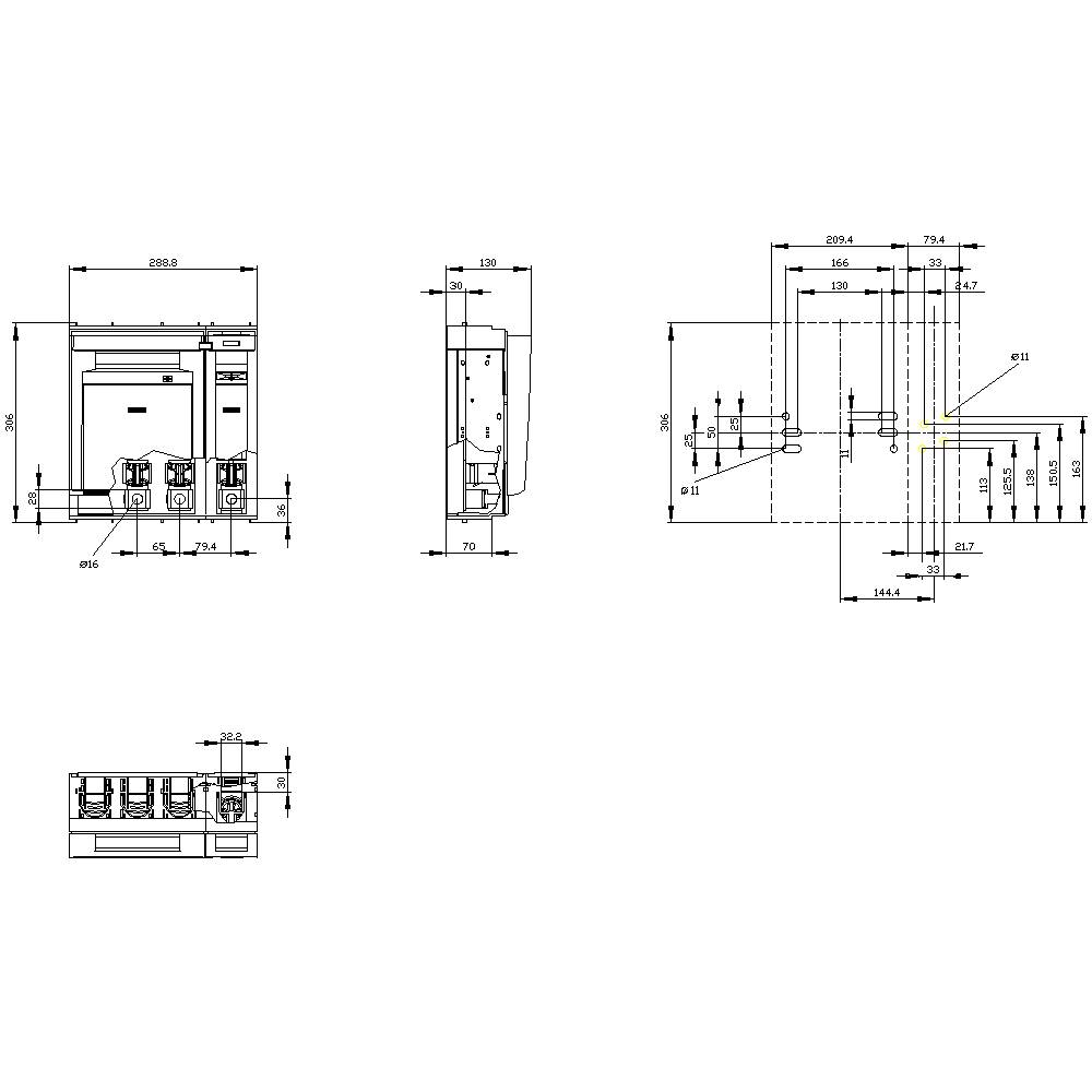Rysunek techniczny skrzynki rozdzielczej ze szczegółowymi wymiarami i oznaczeniami do montażu i instalacji.