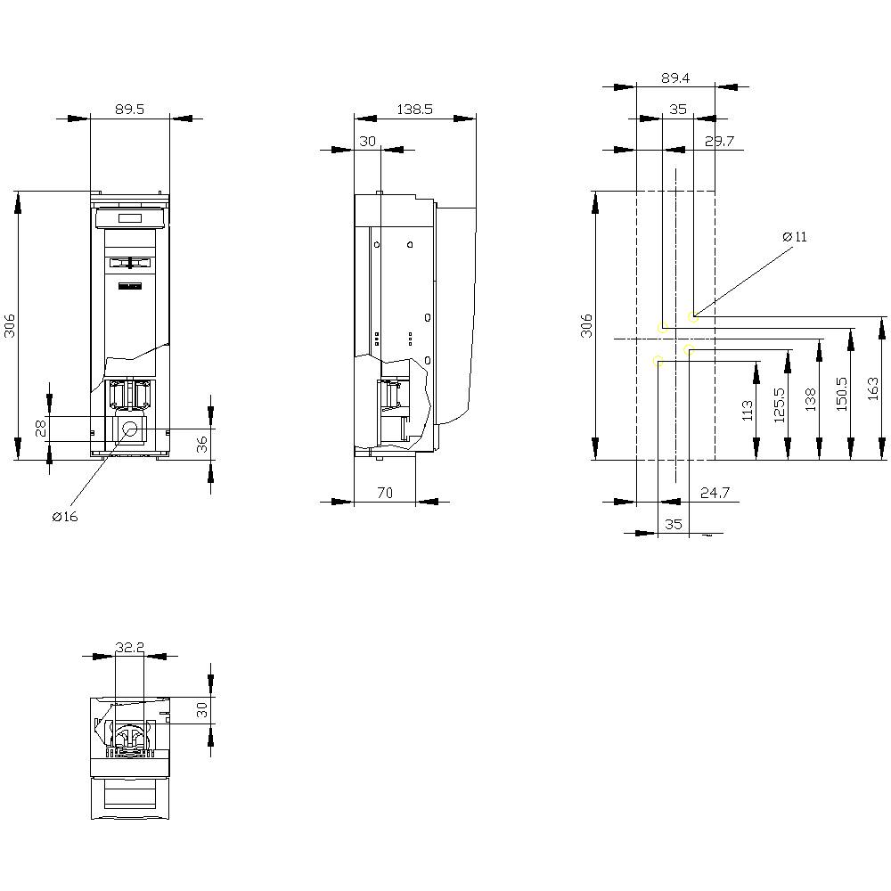 Rysunek techniczny lodówki ze szczegółowymi wymiarami w milimetrach. Widoki: przód, bok i tył.