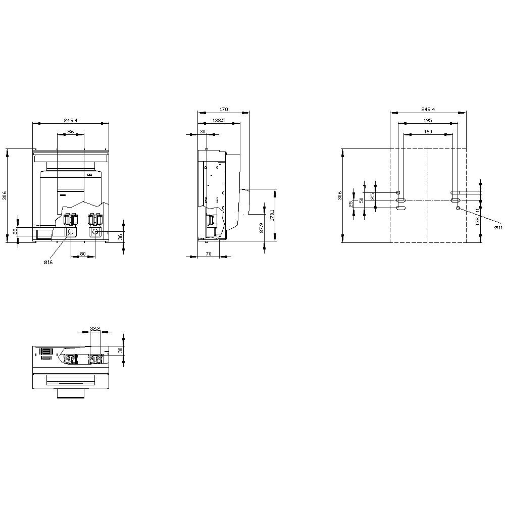 Rysunek techniczny urządzenia z wymiarami w milimetrach. Przedstawia widok z przodu, boku i tyłu wraz ze szczegółowymi wymiarami.