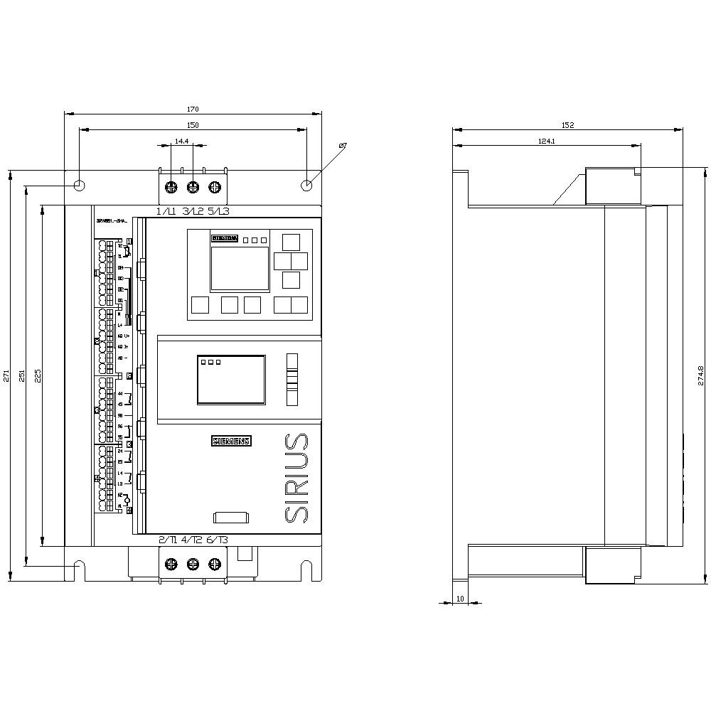 Schemat elektrycznego urządzenia sterującego. Przedstawia wymiary z widokiem z przodu i z boku. Tekst 'SIRIUS'.