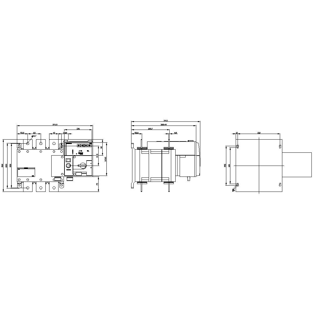 Rysunek techniczny silnika z trzema widokami: widok z przodu, z boku i z góry. Podane są wymiary i szczegóły dotyczące przyłączy.