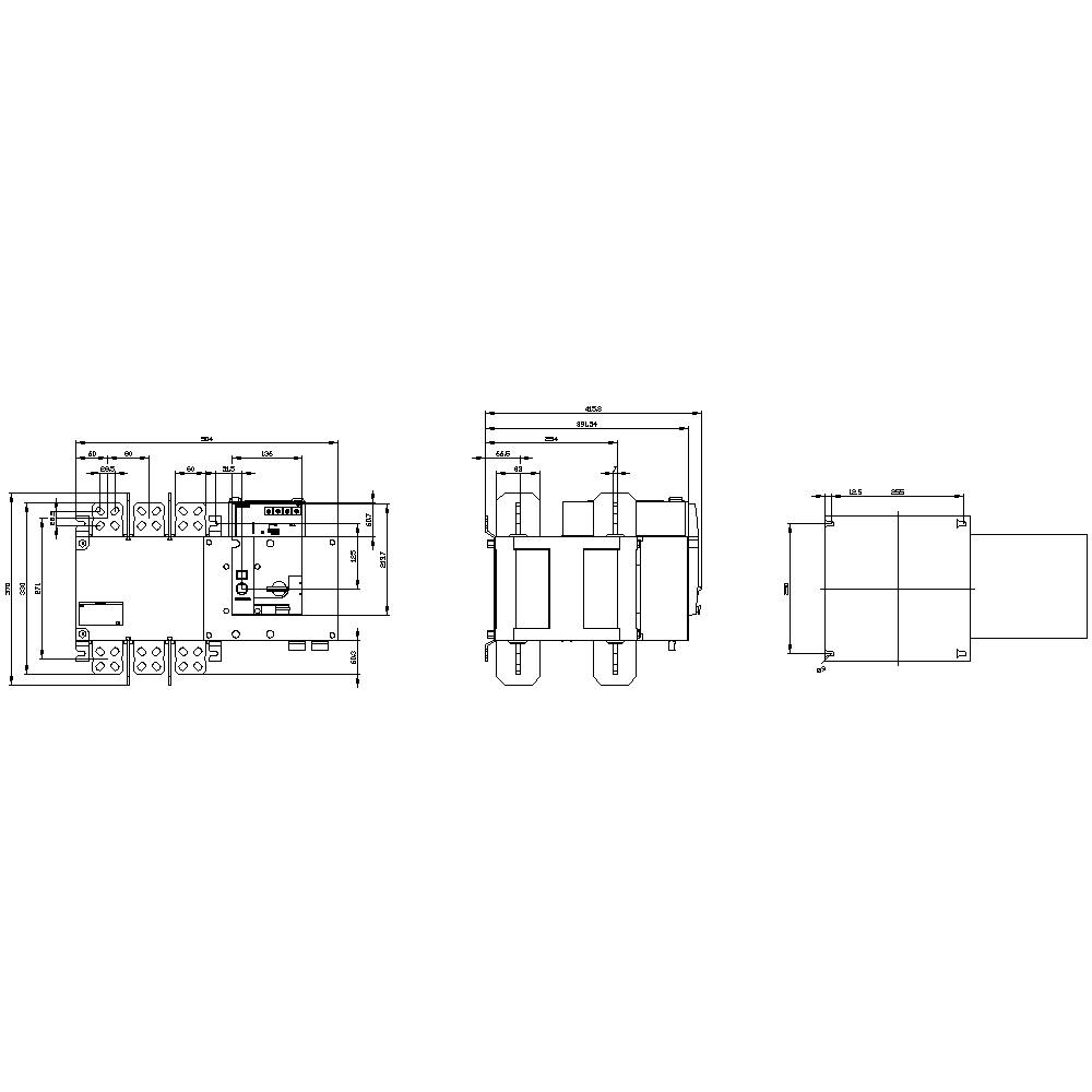 Rysunek techniczny elektrycznego przełącznika ze szczegółowymi wymiarami i widokami. Przedstawia widok z przodu, z boku oraz z góry.